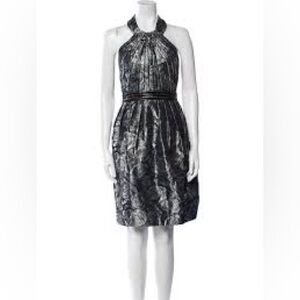 Carmen Marc Valvo Silver & Black Jacquard Rose Beaded Halter Dress Size 10